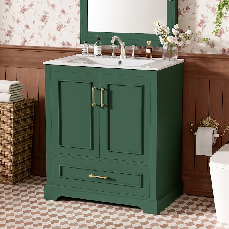 Bathroom Vanity with Ceramic Sink, Freestanding Storage Cabinet with Double Shelf, 1 Divider Drawer & 2 Soft-close Doors - Green