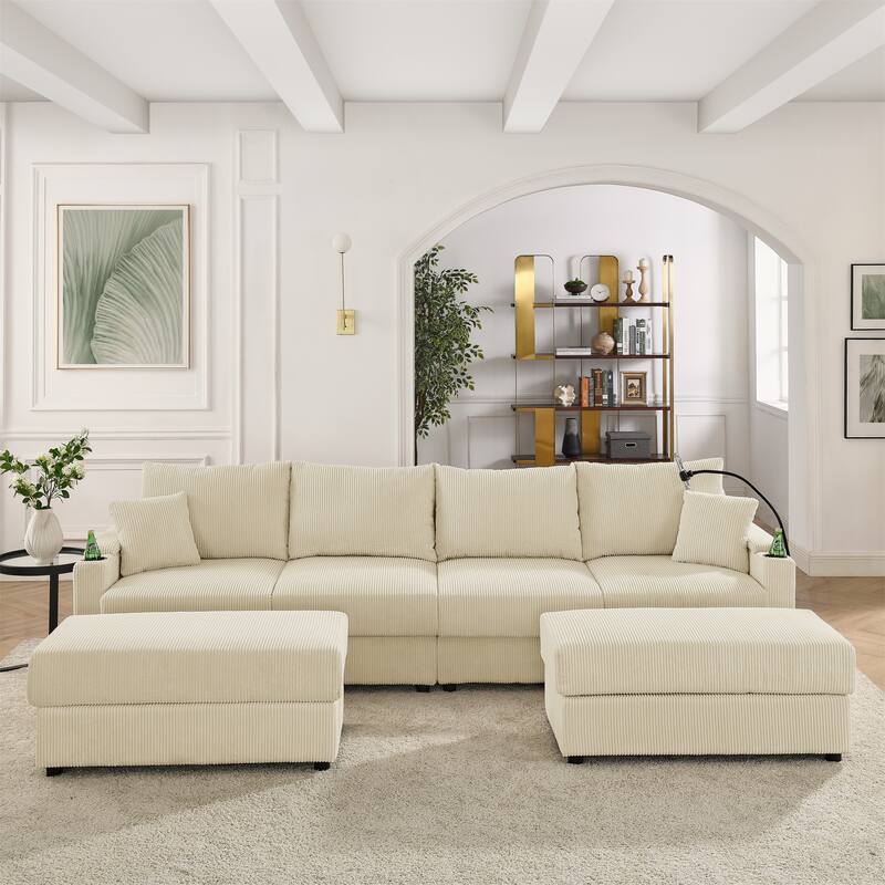 Living Room U-shaped Sectional Sofa with Chaise Lounge, Corduroy 4 Seater Couch with 2 Ottomans, Phone Stand and Cup Holders - Beige