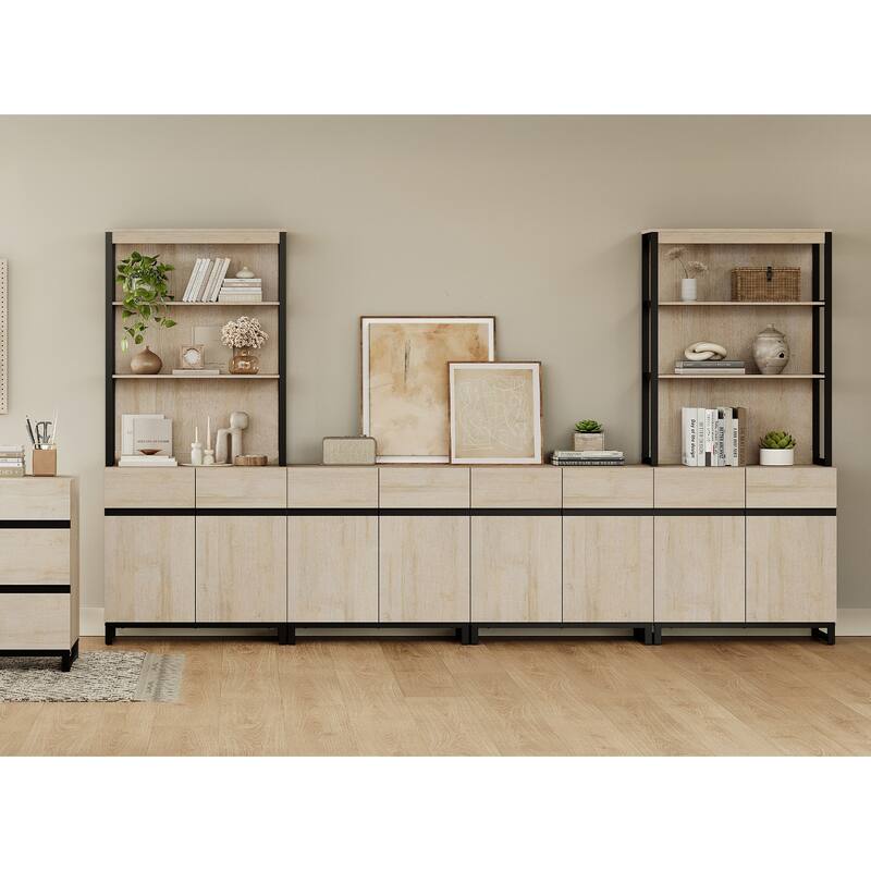 WAMPAT Modern TV Stand with 3 Tiers Bookshelf, Farmhouse Entertainment Center with 4 Large Storage Cabinets and Adjustable Shelf