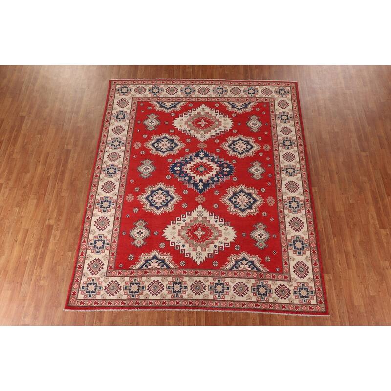 Geometric Red Kazak Oriental Area Rug Hand-Knotted Wool Carpet - 8'3"x 10'0"