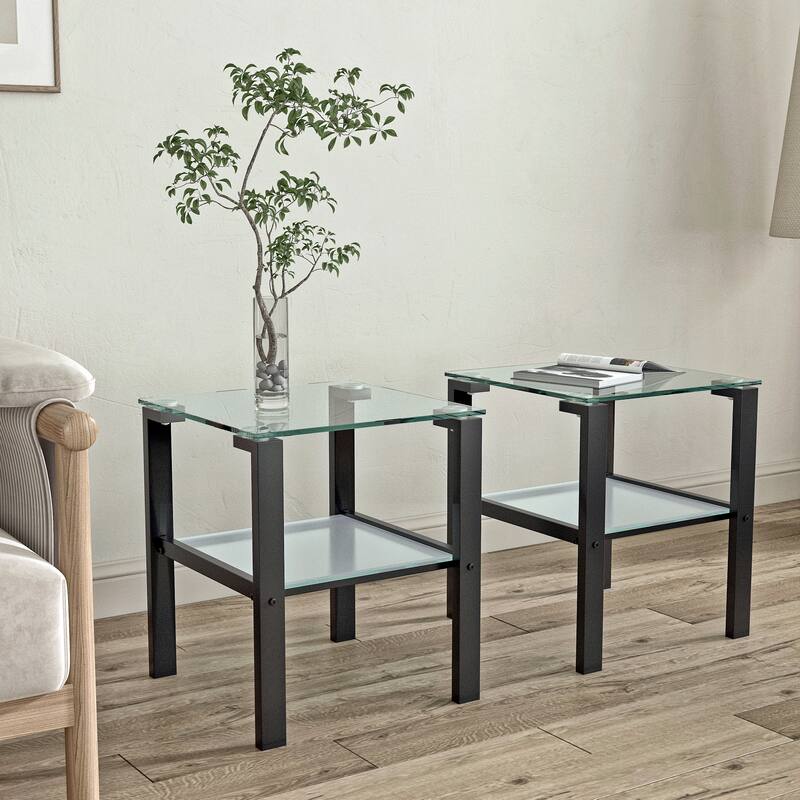 Set of 2, Glass two layer tea table, small round table, bedroom corner table, living room side table,Black