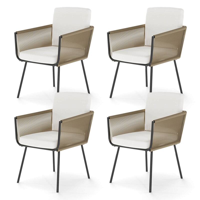 Costway Patio Dining Chairs Set of 4 with Soft Back Seat Cushions - See Details - Light Brown+Off White