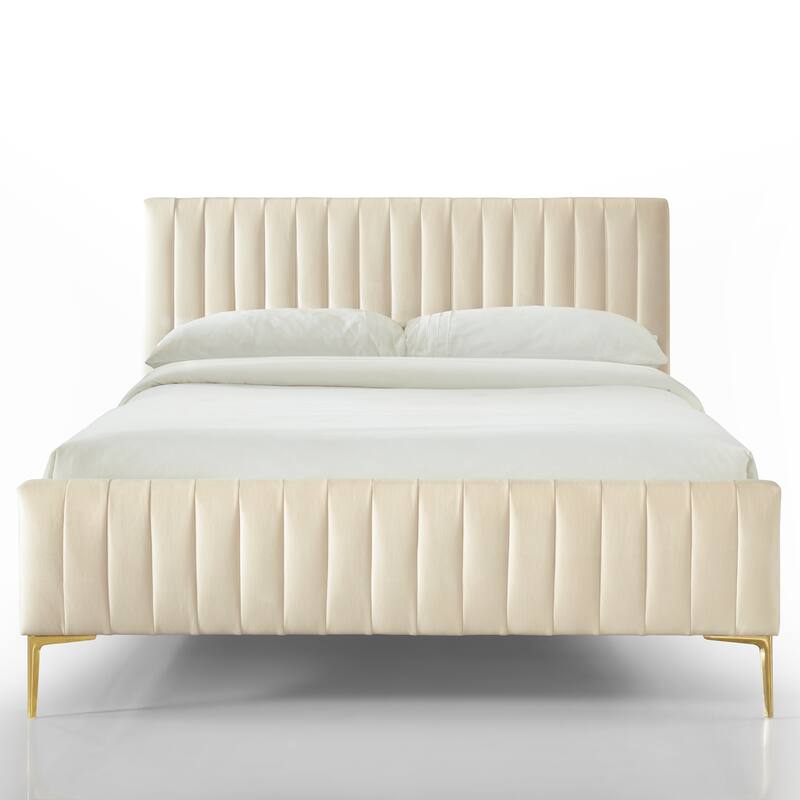 Omax Decor Julia Upholstered Platform Bed with Channel Tufted Headboard and Gold Legs