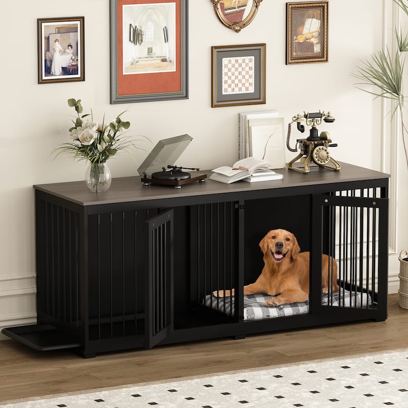 Dog Crate with Double Doors TV Stand for Large Medium Small Dogs,70"W