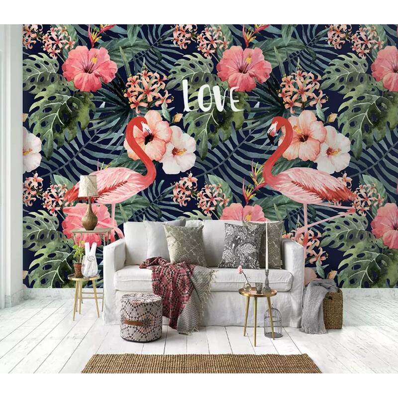 GK Wall Design Flamingo Vintage Leaf Mirabilis Flower Tropical Removable Wallpaper