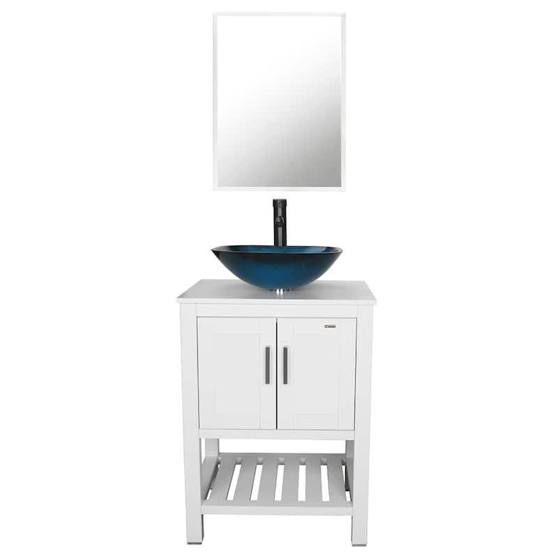 24" Bathroom Vanity Set Ceramic/ Tempered Glass Vessel Sink White Cabinet Combo Mirror Faucet Free-standing - ocean blue square sink