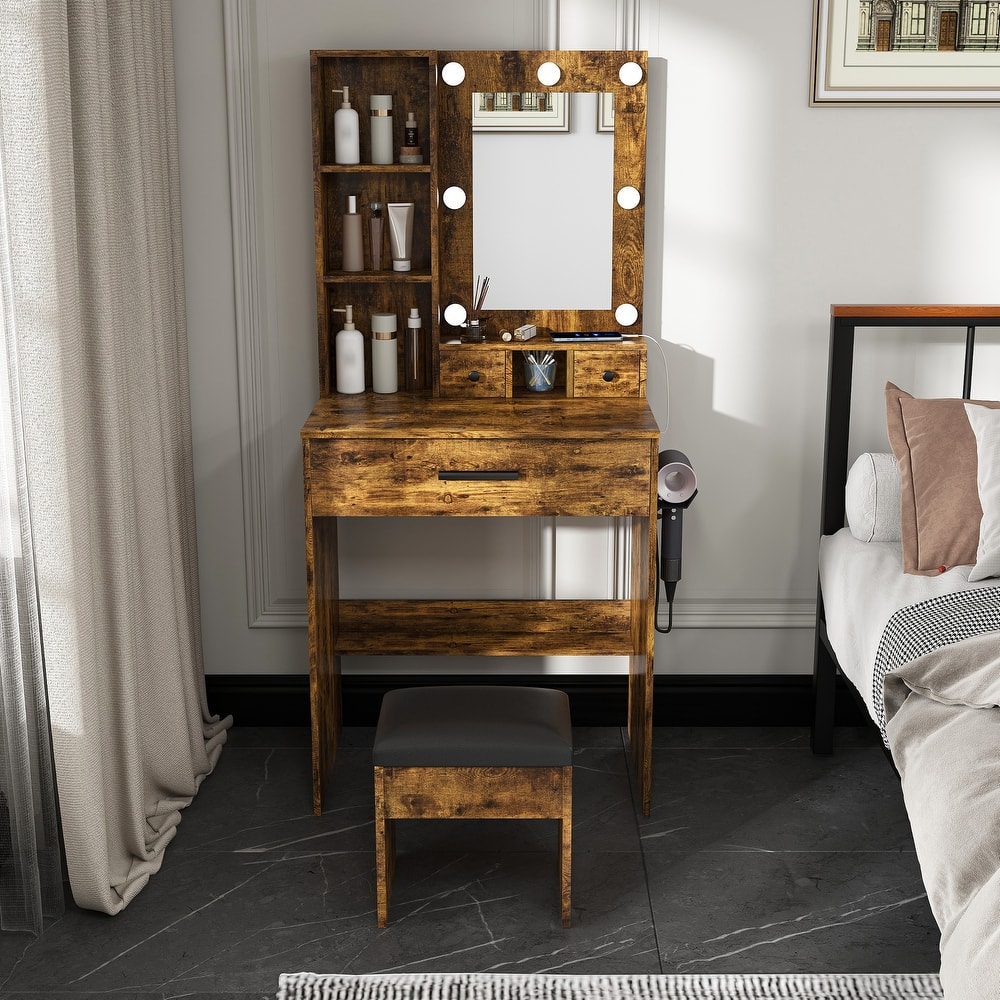 Vanity Table with Mirror & Adjustable LED Lights, Power Outlet, Hairdryer Holder & Stool - Compact Dressing Desk