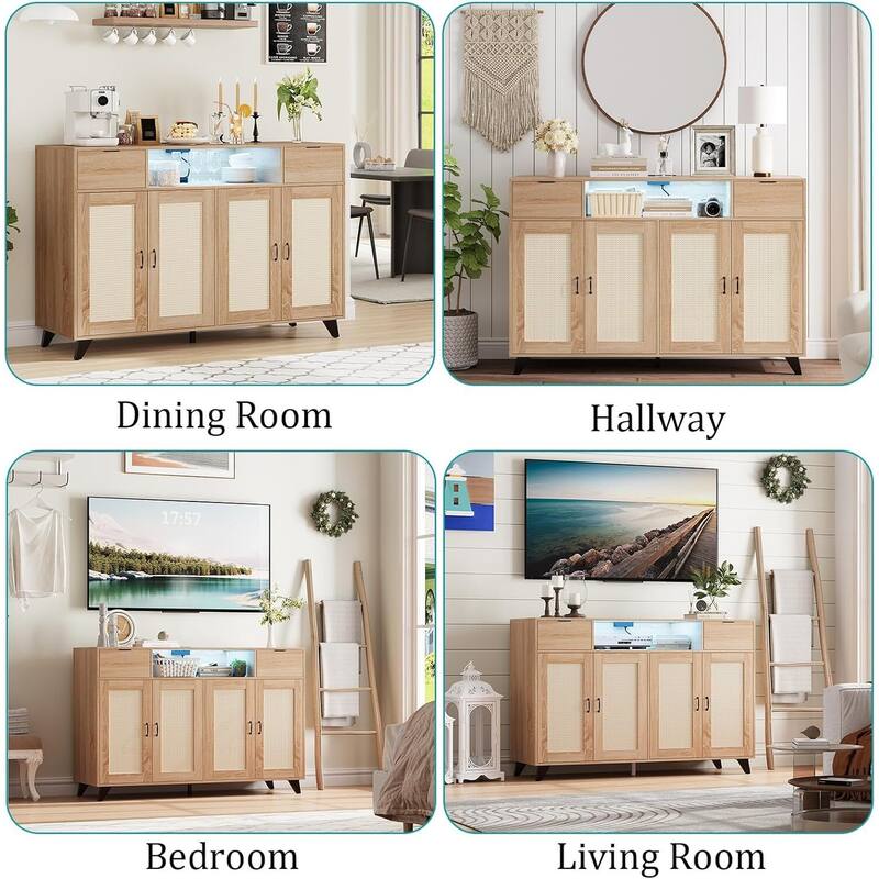 Sideboard Buffet Cabinet, 4 Rattan Doors 2 Drawers Accent Storage Cabinet