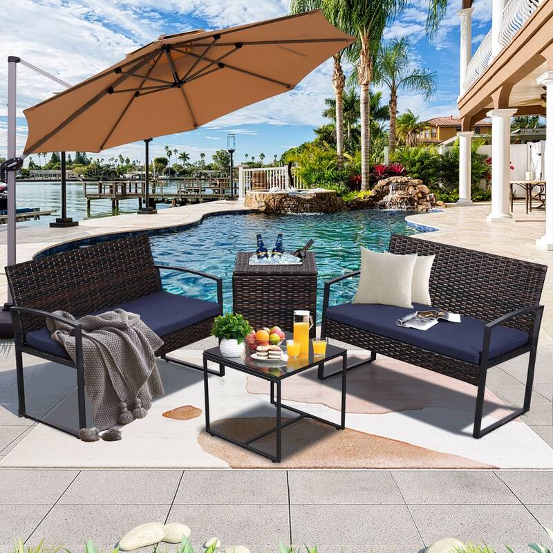 4-Piece Wicker Outdoor Sofa Set, 2 Loveseats, 1 Table, 1 Ice Bucket
