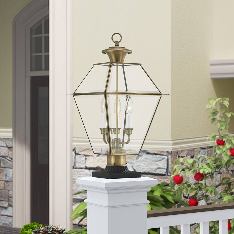 Livex Lighting 3-light Antique Brass Outdoor Post Lantern, 2384-01 - 12" SQ x 22" H