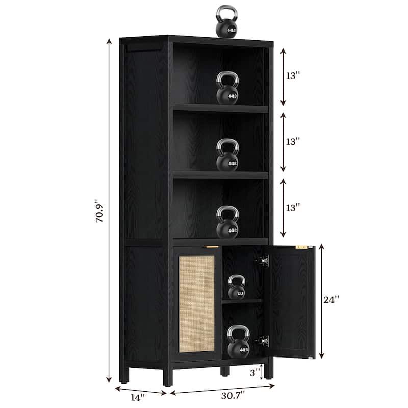 SICOTAS 5 Tier Adjustable Bookcase with Rattan Storage Cabinet