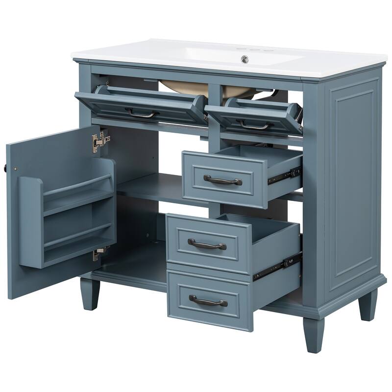 Roomfitters 36" Bathroom Vanity with Sink, Solid Wood Frame, 2 Flip Drawers & Soft-Close Cabinet with Door Rack