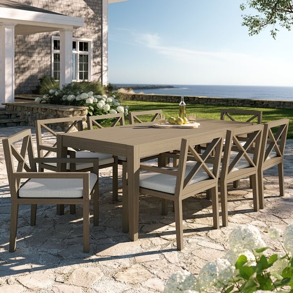 9pc teak patio table dining sets with umbrella furniture PHI VILLA Outdoor Set, Expandable Wood w/ Hole Acacia Wood Dining Set PURPLE LEAF 9-Piece Aluminum Outdoor