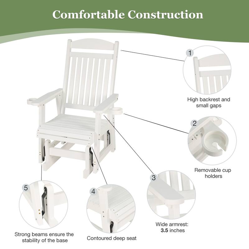 Poly Lumber Patio Glider for One Person with Cup Holders, HIPS Material, All-Weather Resistant