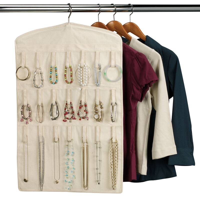 Household Essentials Bracelet and Necklace Hanging Jewelry Organizer, Natural Canvas