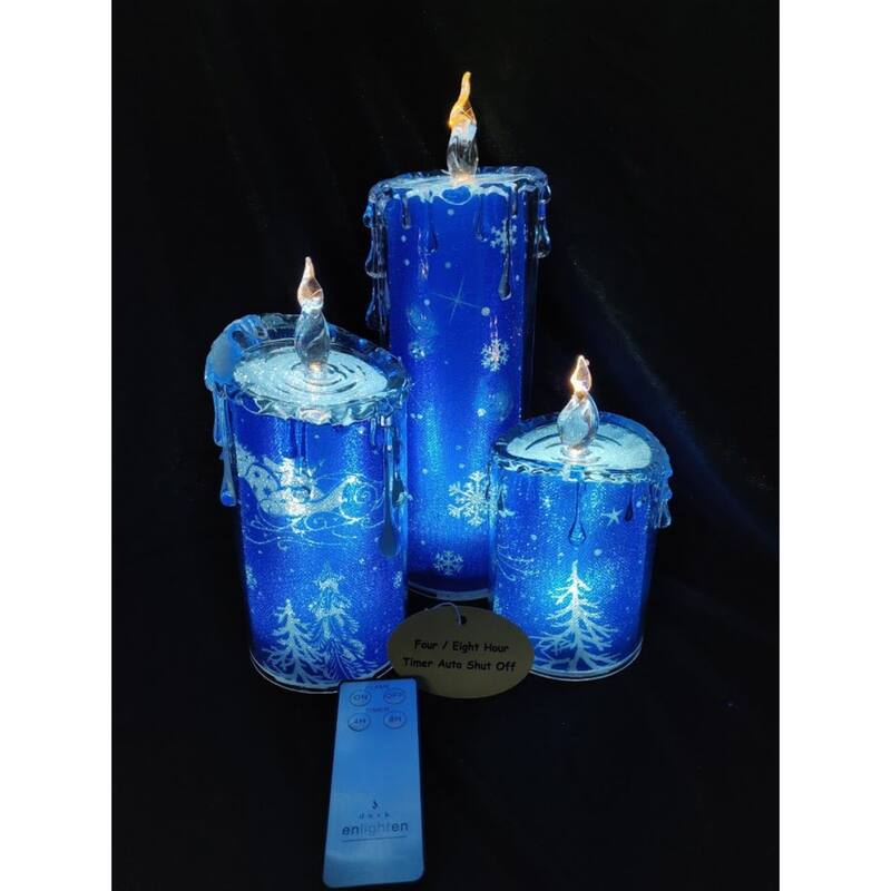 3-Piece Santa With Sleigh LED Flameless Candle Lights 9.5" Blue Clear
