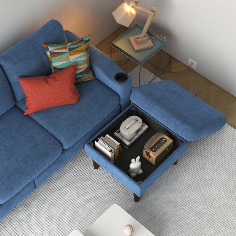 Blue 78.74'' Convertible L-Shaped 3-Seater Sofa with Storage Footstool and USB Port, for Living Room, Bedroom, or Small Spaces
