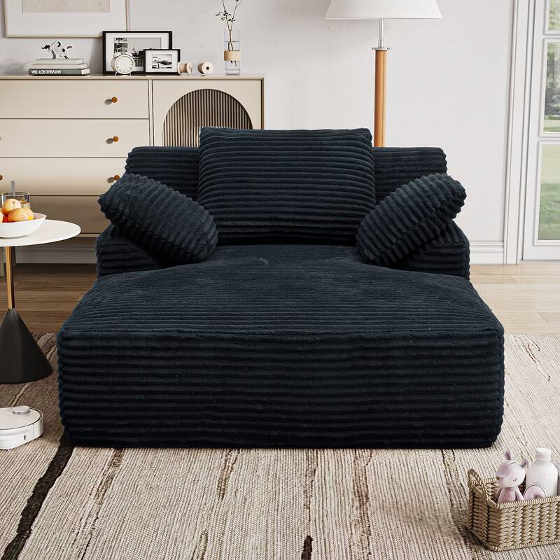 51" Chaise Lounge Chair Indoor, Oversized Fluffy Plush Corduroy Sleeper Couch, Deep Seat Reading Chair - Black
