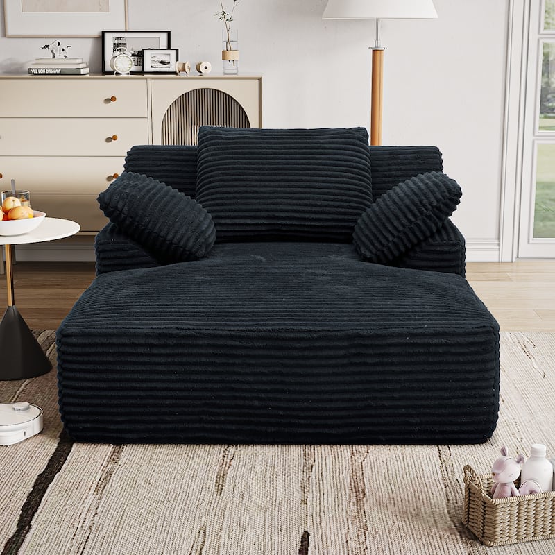 Oversized Fluffy Plush Corduroy Sleeper Sofa, Single Chaise Lounge Couch Chair, Deep Seat Reading Chair for Living Room - Black