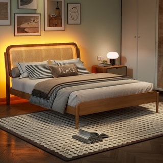 Queen Size Platform Bed Frame with LED Light, Wood Storage Bed with Rattan Headboard for Bedroom, Natural
