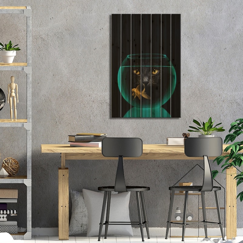 Black Cat Goldfish Print On Wood by Vin Zzep - Multi-Color