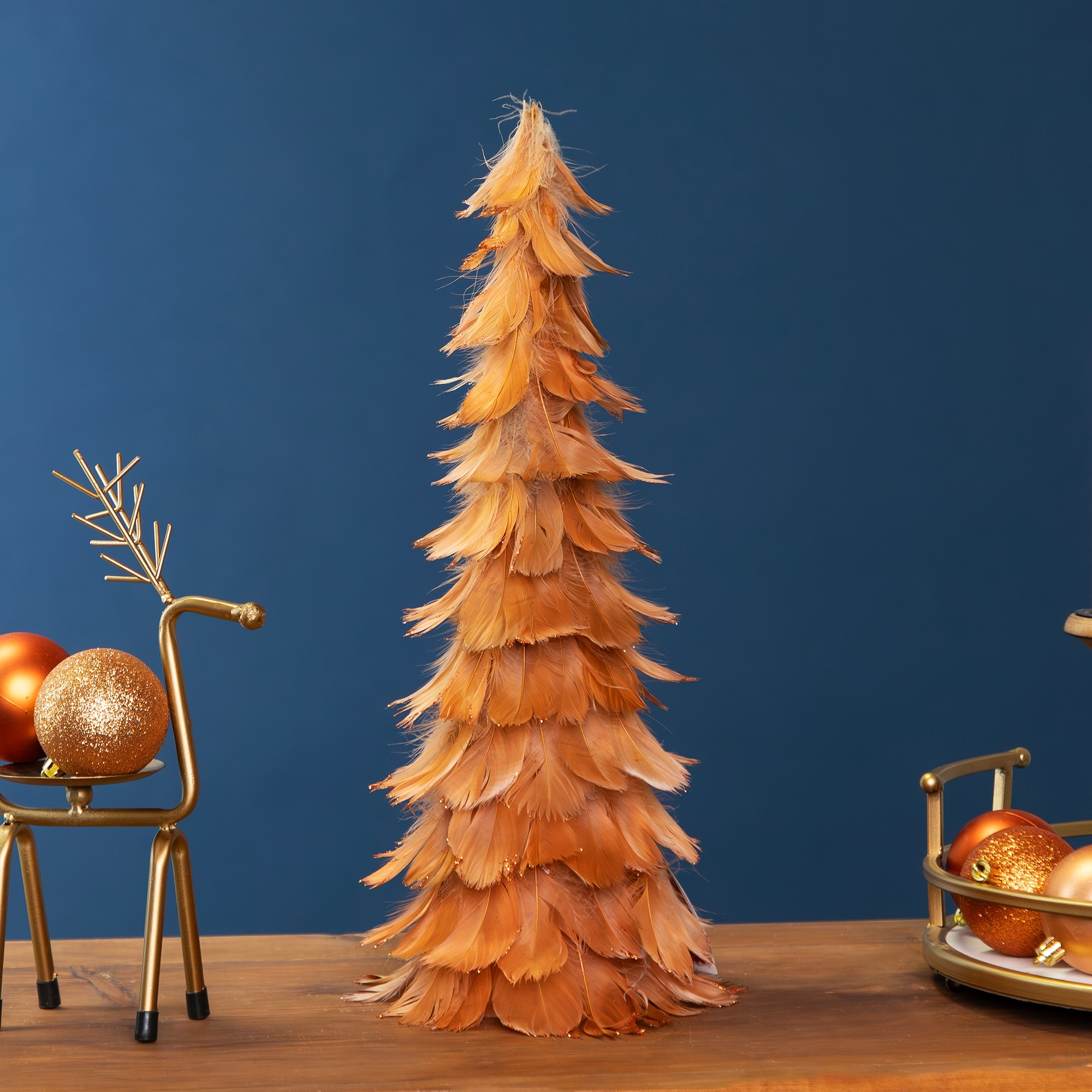 Small Layered Feather Cone Tree Glitter Decor 16" Rust Orange