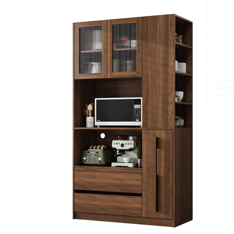 GDFStudio - Harry 70.87" Freestanding Multi-Function Pantry Cabinet with Pull-Out Shelves, Drawers & Microwave Stand