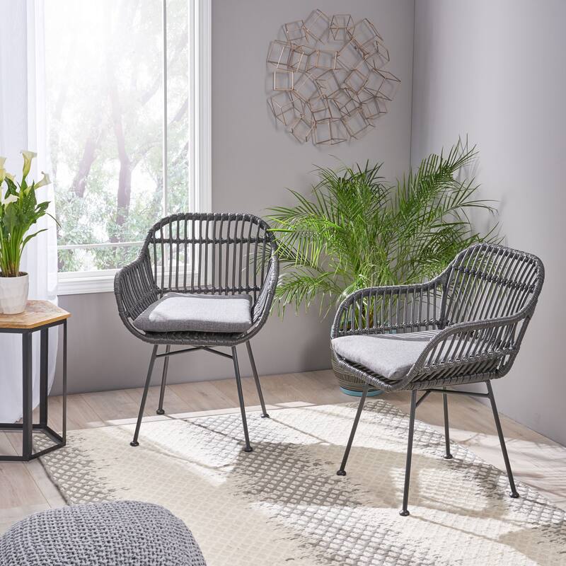 Set of 2 Modern Indoor/Outdoor Rattan Accent Chairs with Metal Legs
