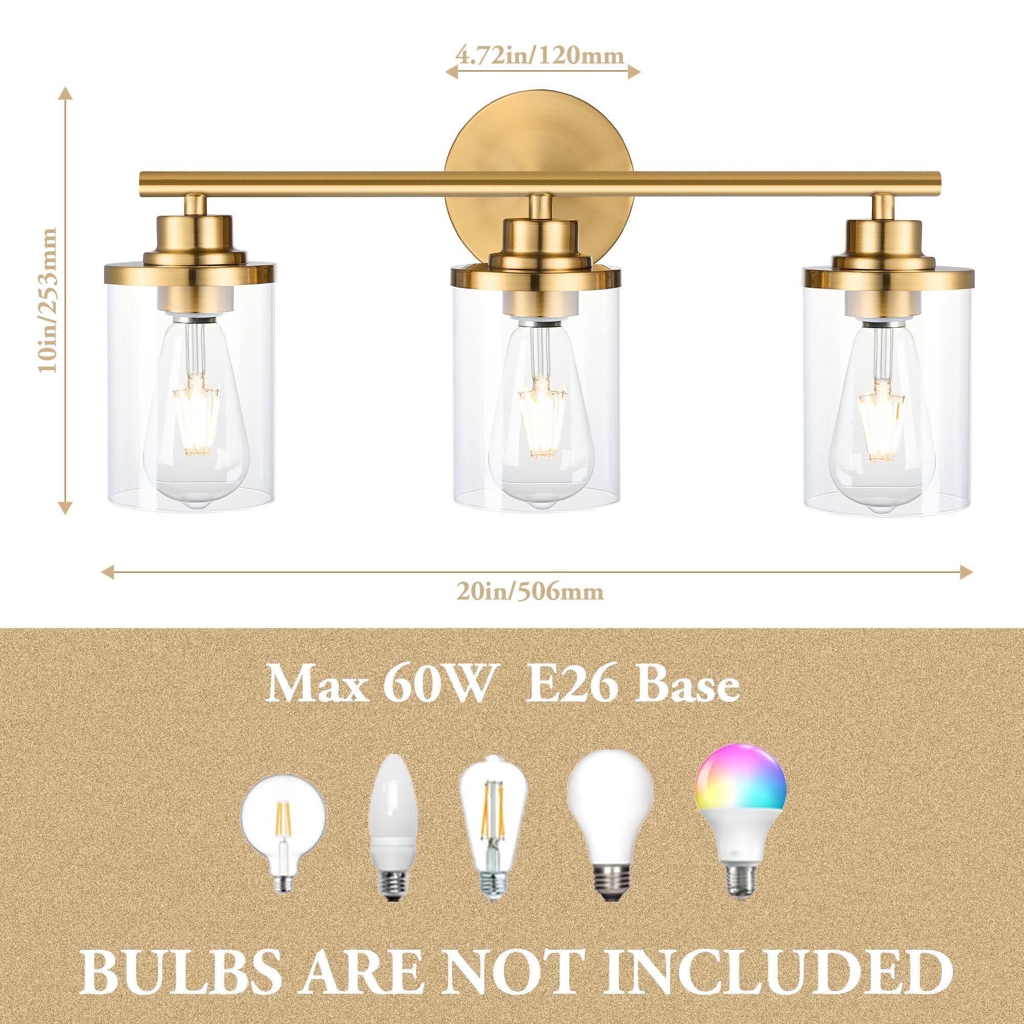 Eurus Home Vanity Lighting Fixture, 3light Gold Wall Sconce with Glass