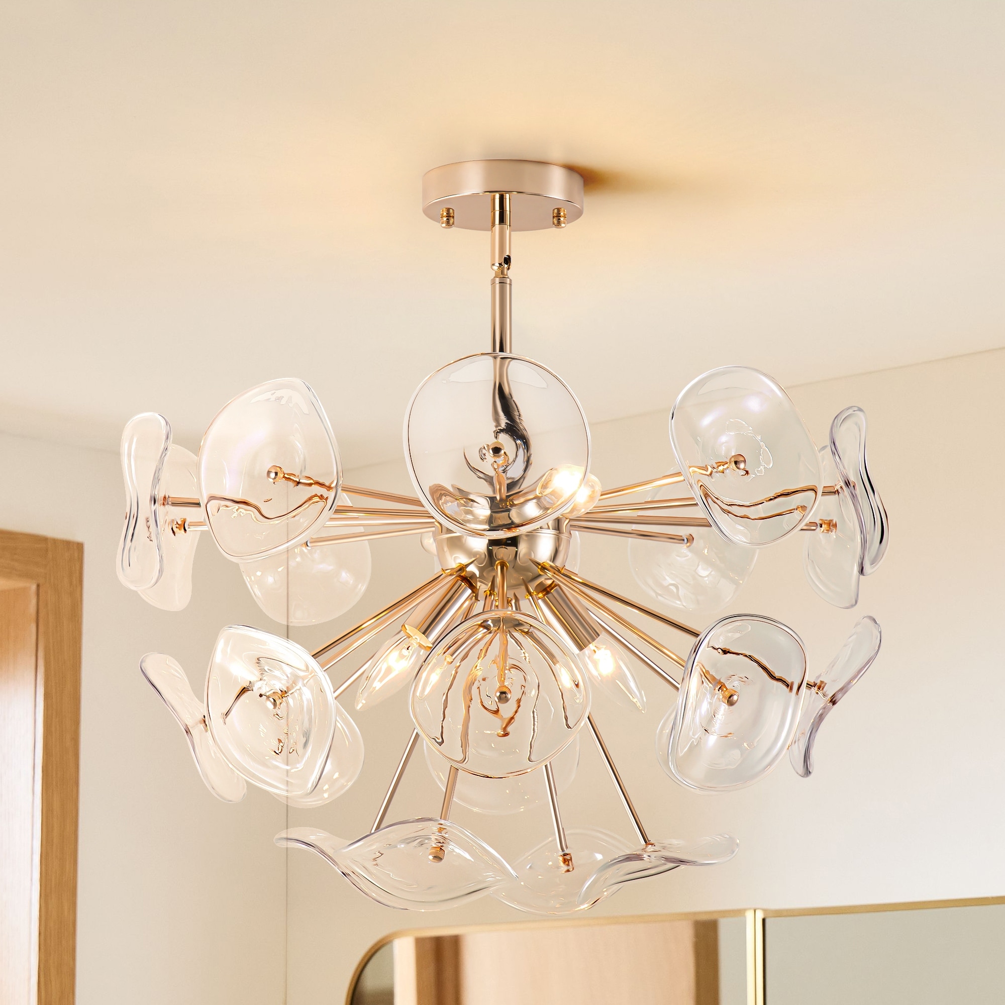 23" Modern Electroplated Gold 4-Light Firework Semi-Flush Mount Ceiling Light with 18 Clear Lotus Glass Petals for Living Room