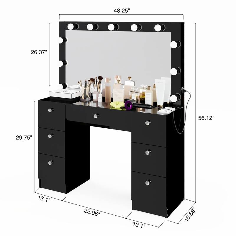 Boahaus Makeup Vanity 7 Drawers Lighted Crystal Knobs USB Port
