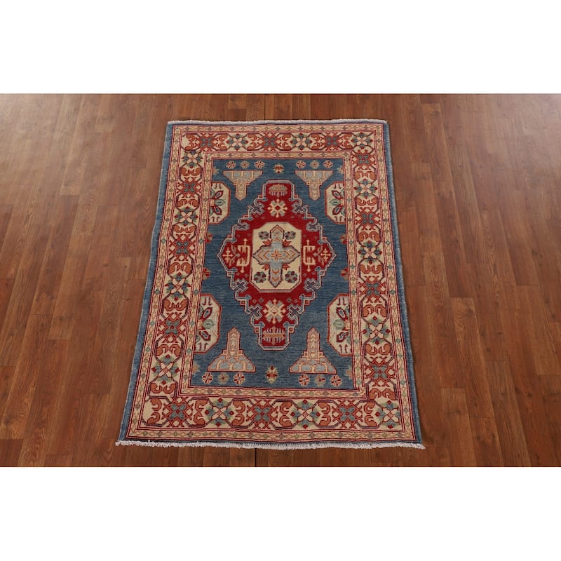 Blue Geometric Kazak Accent Rug Handmade Wool Carpet - 3'2"x 4'8"