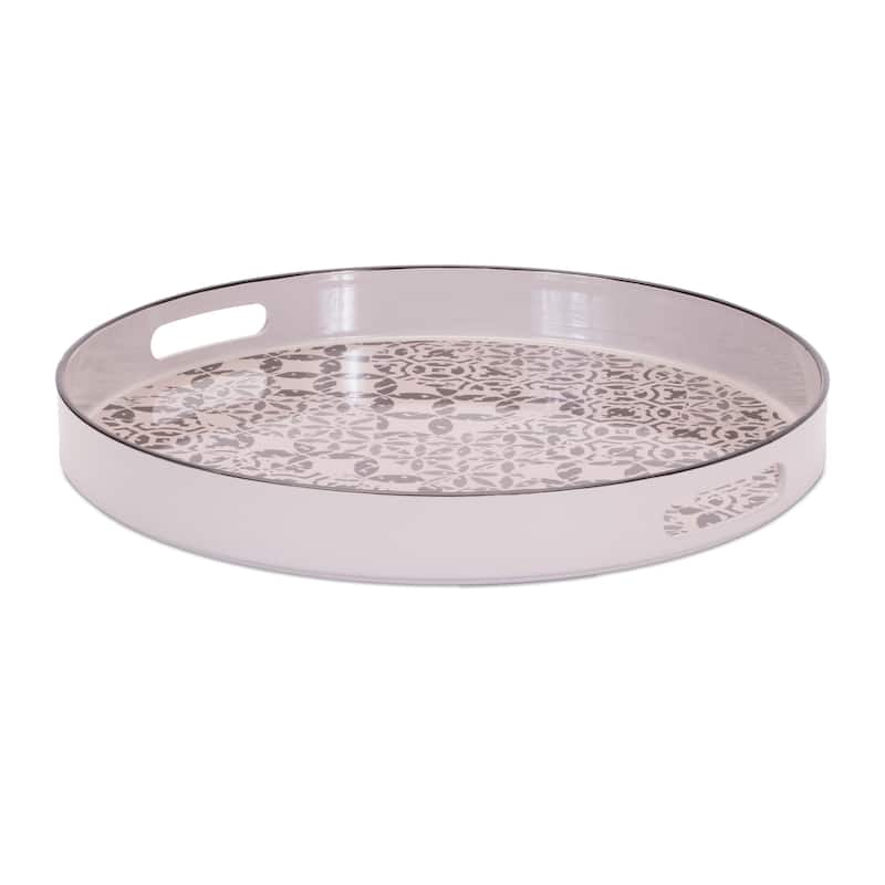 HomeRoots 14" Cream And Gray Geometric Pad Print Round Serving Tray With Handles - 13.5 in. x 1.75 in. x 13.5 in.