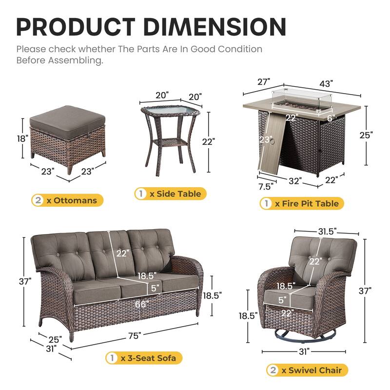 Gymojoy Outdoor Wicker Patio Furniture Sofa Set with 55,000 BTU Fire Pit Table, Swivel Chairs, Ottomans & Side Tables