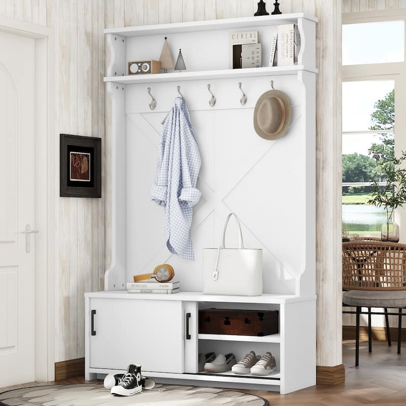 74.8'' Modern Entryway Hall Tree - Shoe Cabinet with Sliding Doors and Coat Rack - White