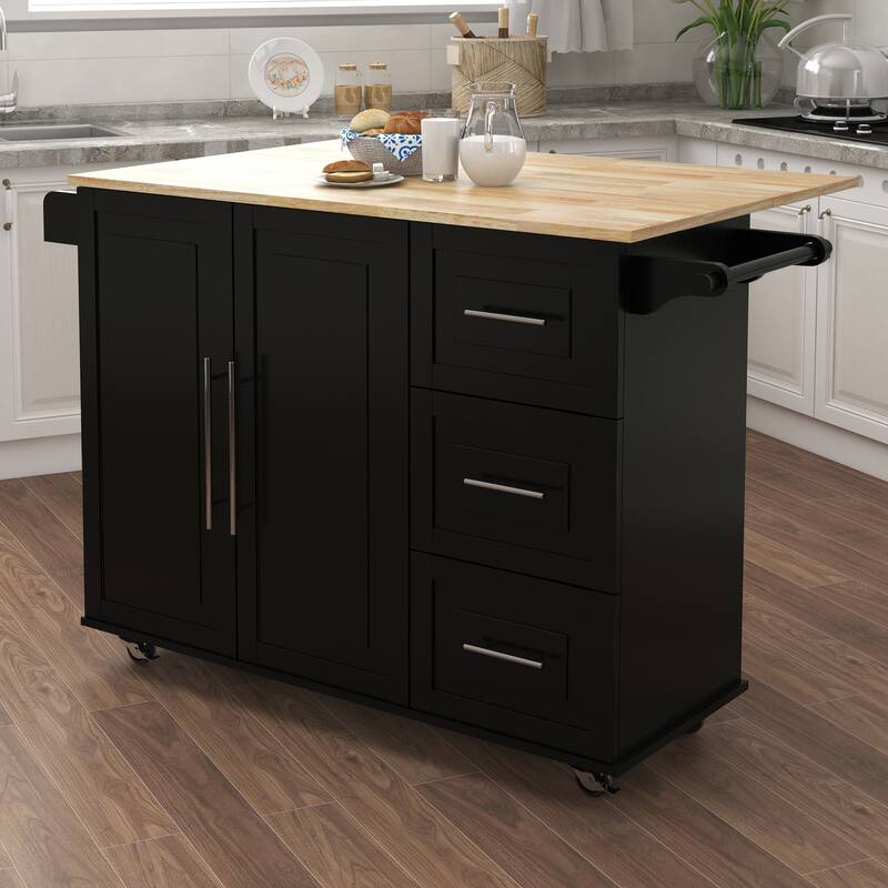 Rolling Multifunctional Kitchen Island with Spice Rack, Towel Rack and Extensible Solid Wood Table, 3 Drawers and Cabinet