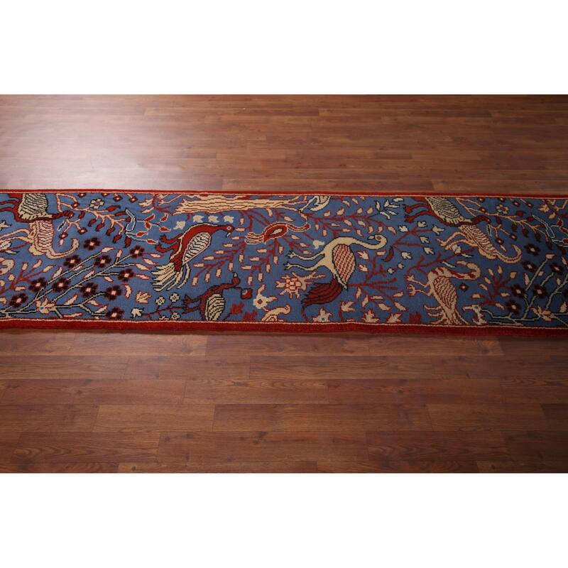 Animals Design Blue Ziegler Oriental Runner Rug Handmade Wool Carpet - 2'7"x 9'11"