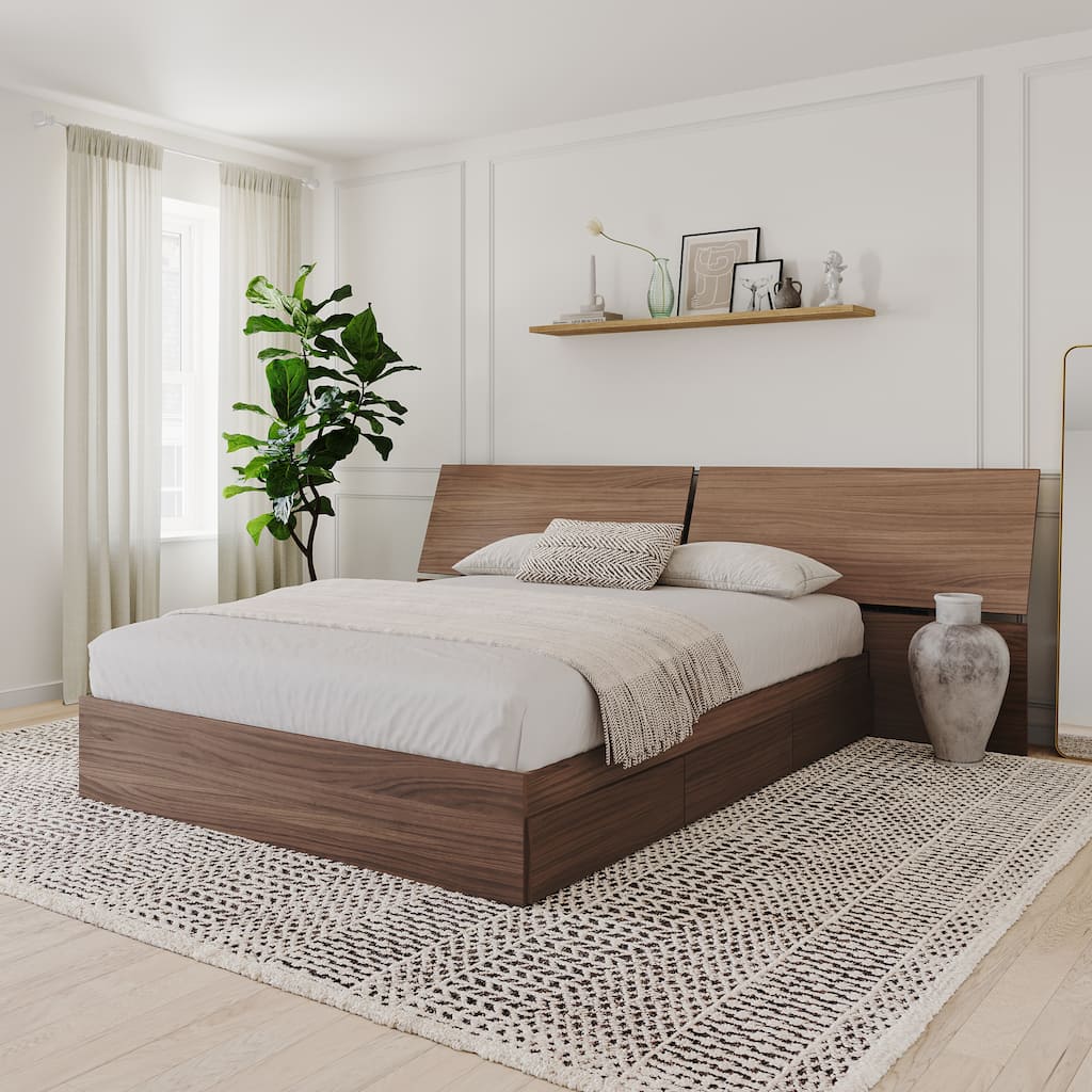 Nexera Storage Bed with Headboard, Walnut