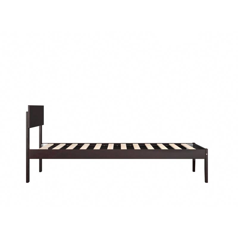 Twin Bed Espresso Finish Modern Panel Headboard Solid Wood Frame No Box Spring Needed