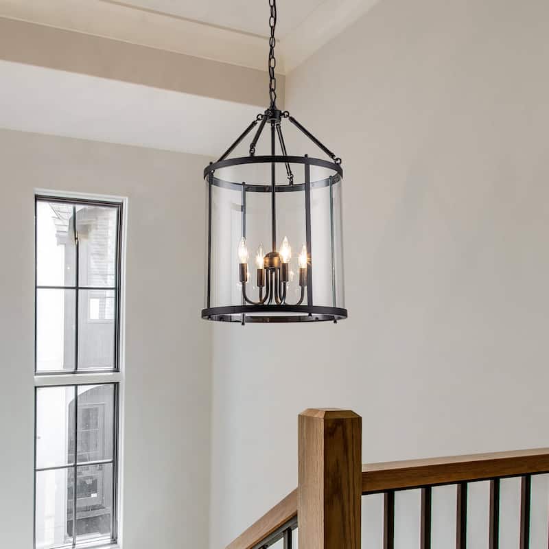4 - Light Farmhouse Lantern Glass Drum Chandelier for Entryway