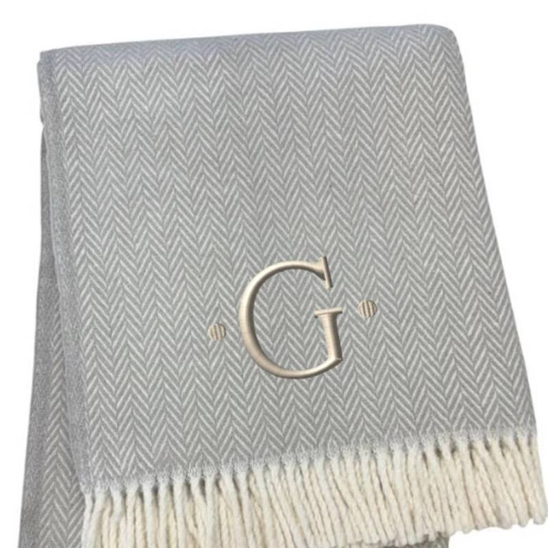 55" X 70" Gray And White Herringbone Cotton Blend A Initial Throw Blanket with Tassels And Embroidery
