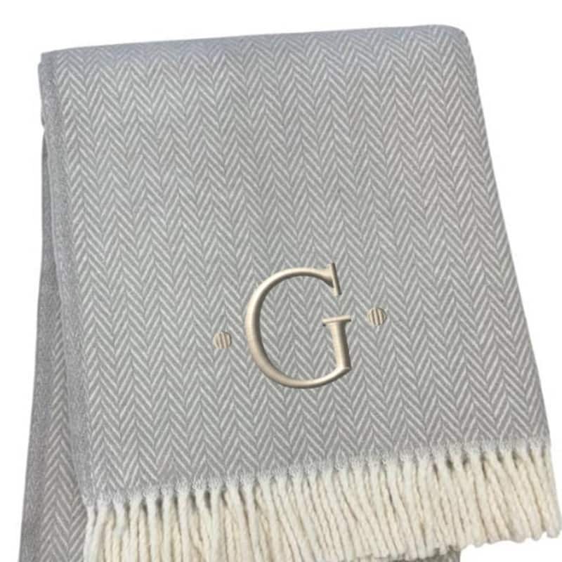 HomeRoots 55" X 70" Gray And White Herringbone Cotton Blend G Initial Throw Blanket with Tassels And Embroidery