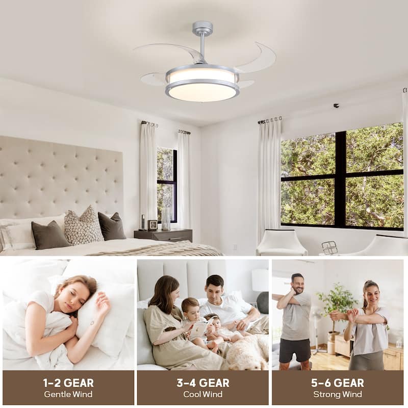 48" Modern Retractable Dimmable LED Chandelier Ceiling Fan with Remote