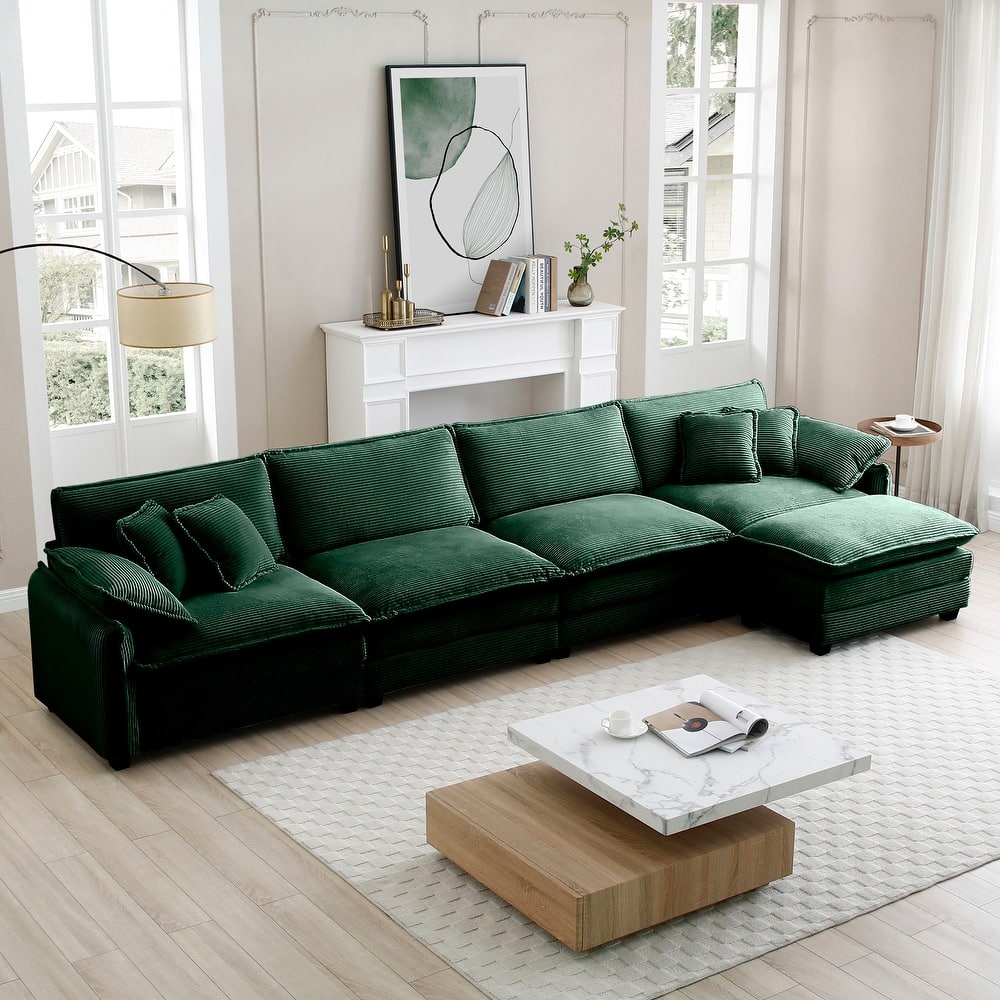 5-piece Oversized Corduroy Upholstered L-Shaped Modular Sectional Sofa with Removable Ottoman and Free Combination