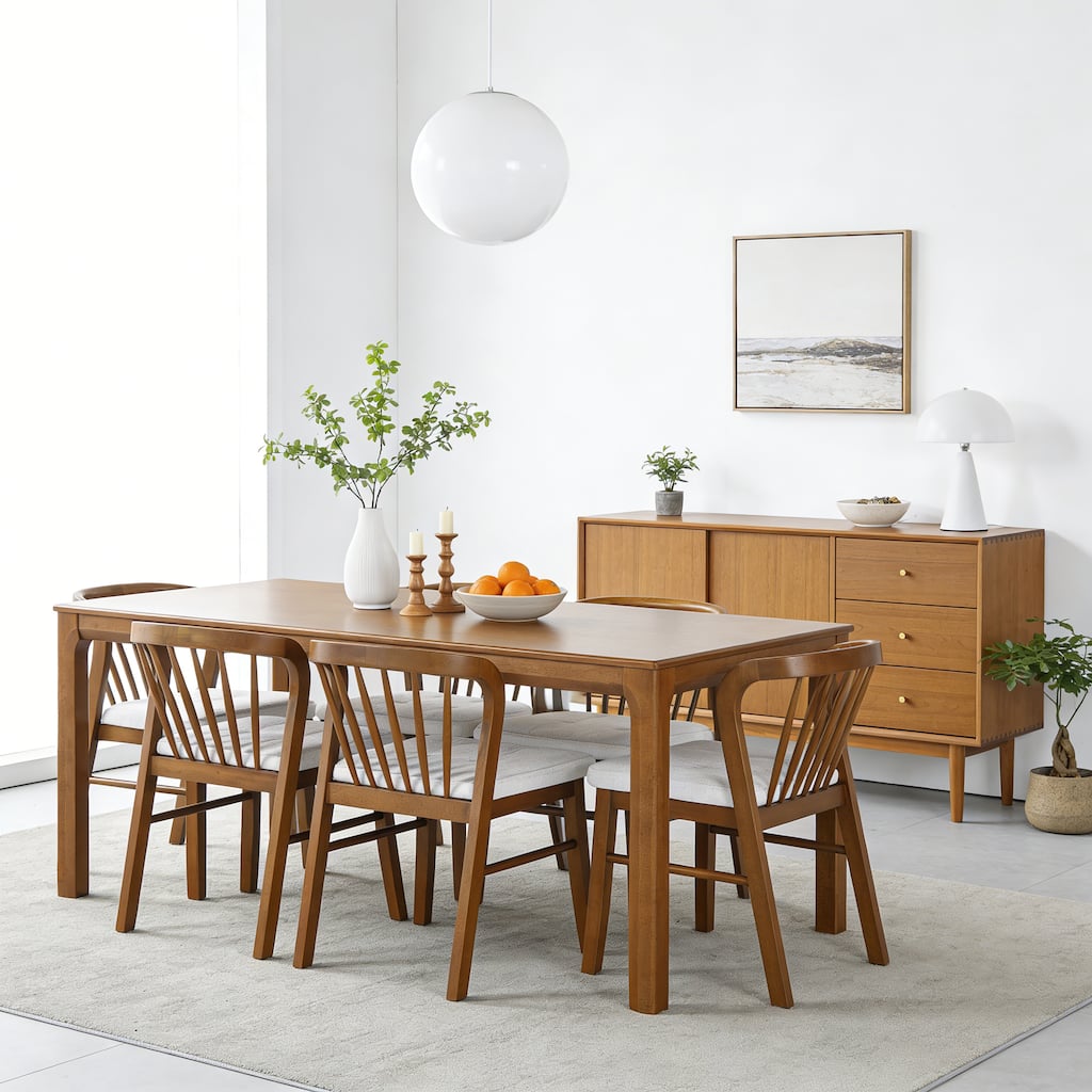 Christopher Knight Home - Modern 7-Piece Wooden Dining Table Set with Fabric Upholstered Windsor Dining Chairs