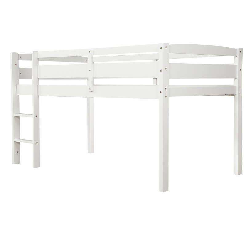 Twin Size Wood Low Loft Bed with Ladder and Fence for Kids, Boys and Girls
