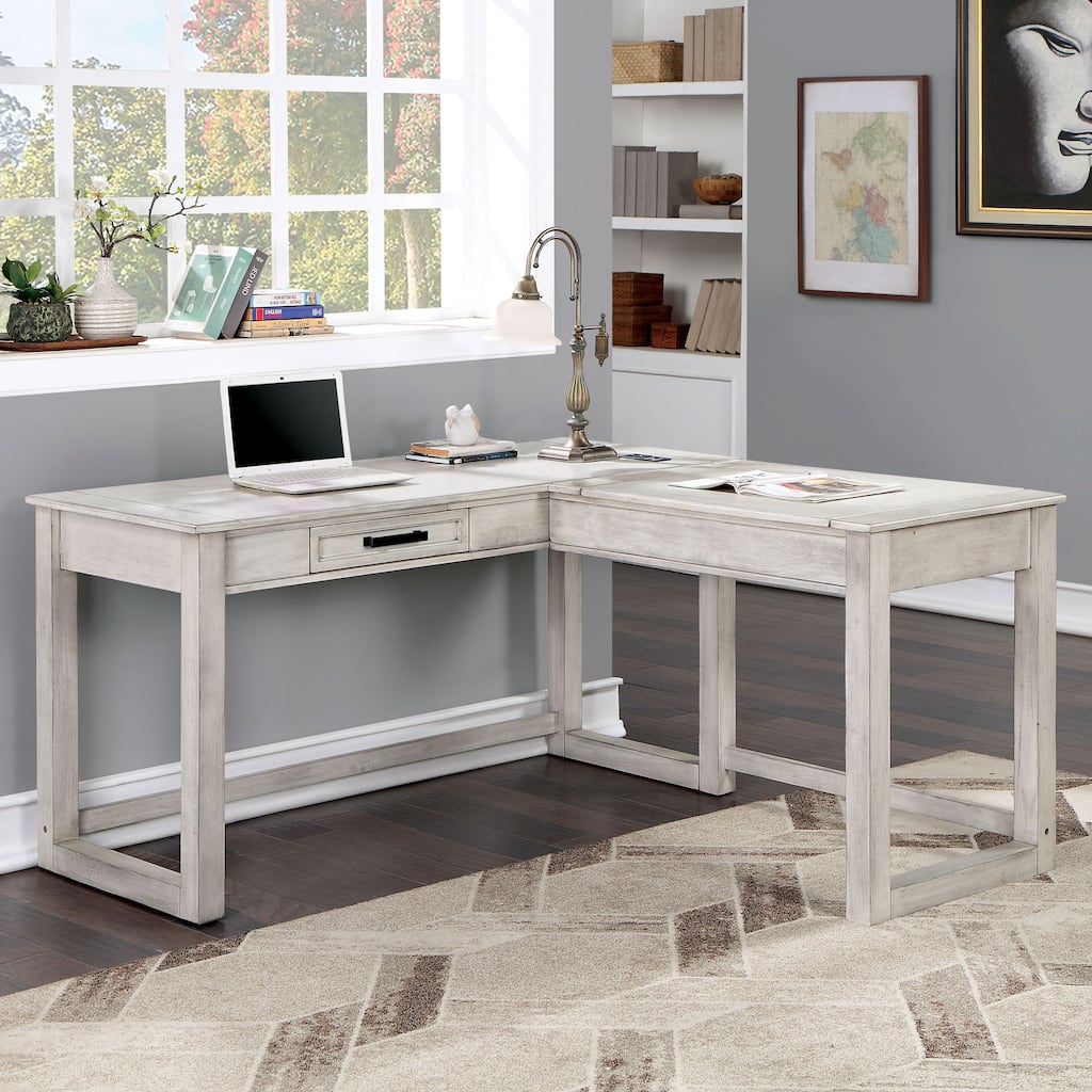 Lemper Farmhouse Antique White Wood Lift-Top Corner Desk with USB Port by Furniture of America