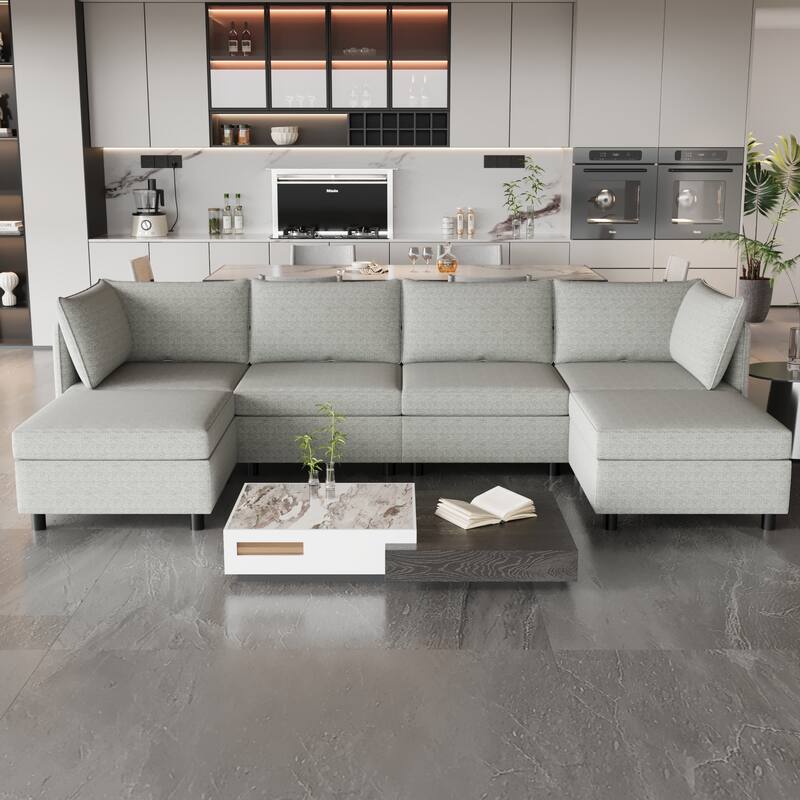 68'' L-Shaped 6 Seater Sectional Sofa with Storage, Ottoman, Convertible Design and Comfortable Cushions