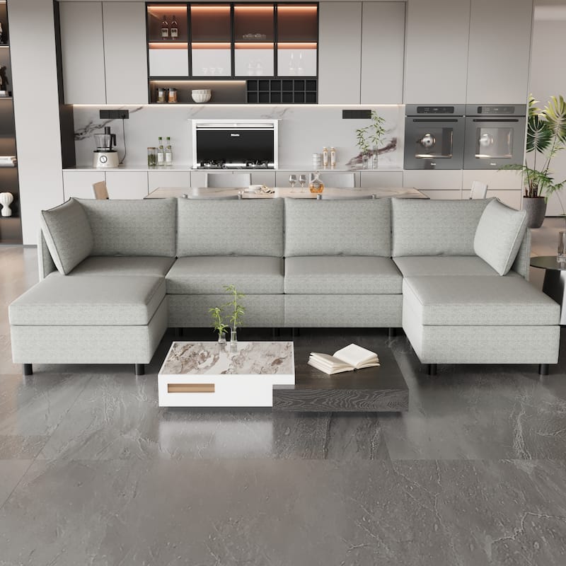 Grey 68'' L-Shaped 6-Seater Modular Sectional Sofa with Storage, Convertible Ottoman, High-Density Foam