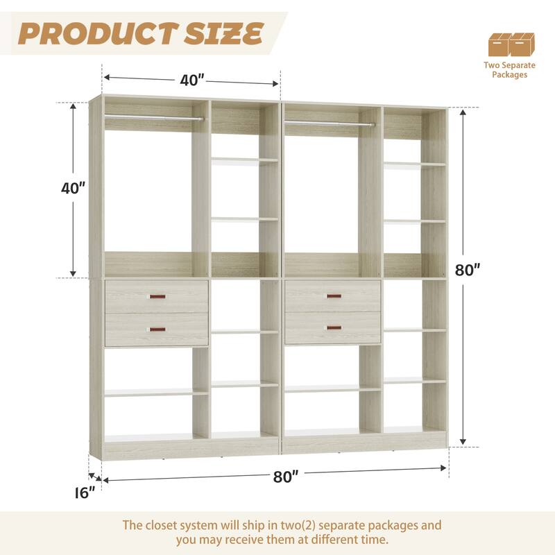 40'' Large Closet System with 10 Shelves and 2 Drawers, Freestanding Closet Organizer with Hanging Rods